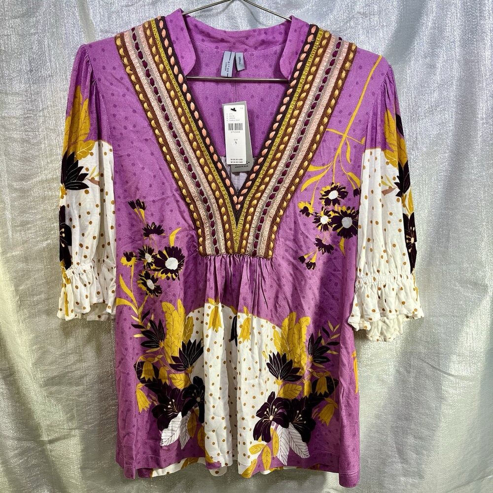 Bl^nk London Anthropologie Embroidered Peasant BOHO Floral Blouse Top Size Small